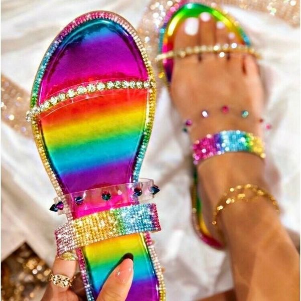 

sandals summer wear-resistant flat rhinestone slippers open toe beach shoes lightweight breathable women's walking, Black