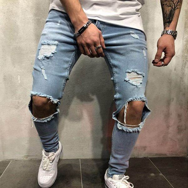 

2021 upper fashion enzyme washing thin holes solid pencil jeans men stonewashed fly pockets 236m, Blue