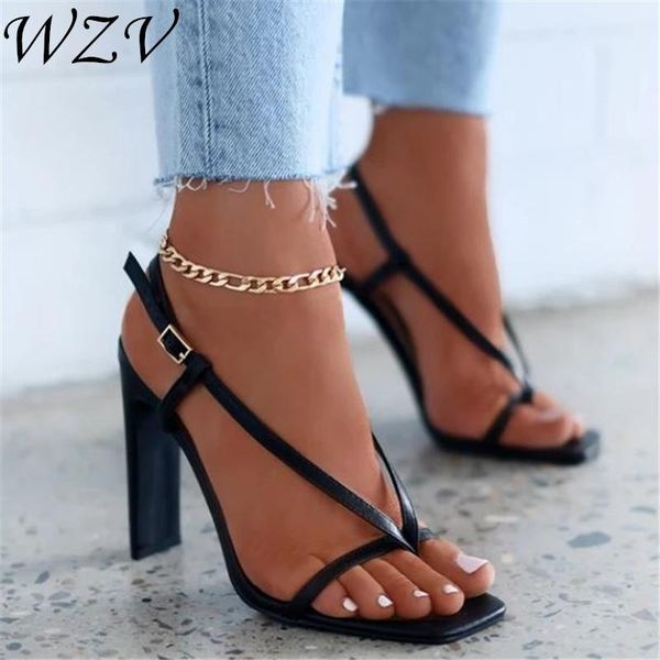 

sandals 2021 fashion women square toe thong high heels buckle ladies narrow band dress party shoes woman, Black