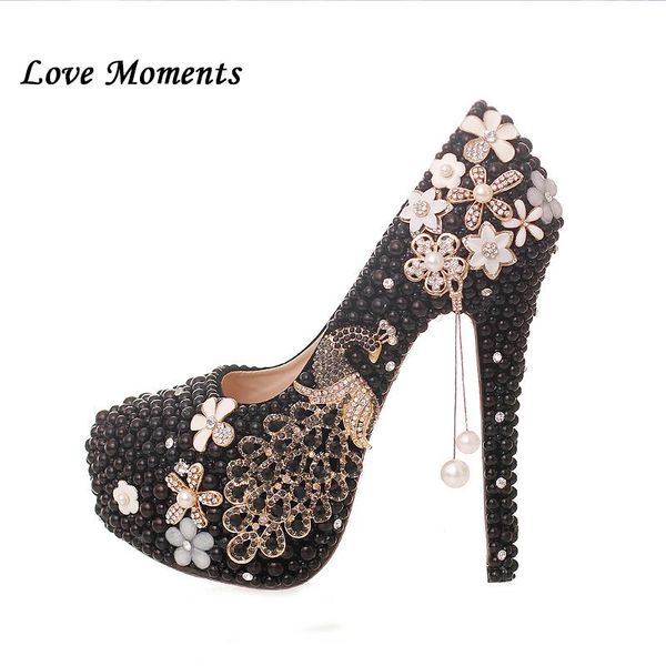 

black pearl bridal shoes peacock up heel round toe fashion shoes woman big size girl wedding bride party dress shoe