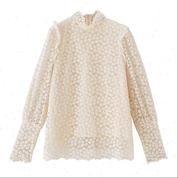 

perhaps u women white black apricot turtle neck shirt lace hook flower little daisies puff long sleeve shirt spring b0751