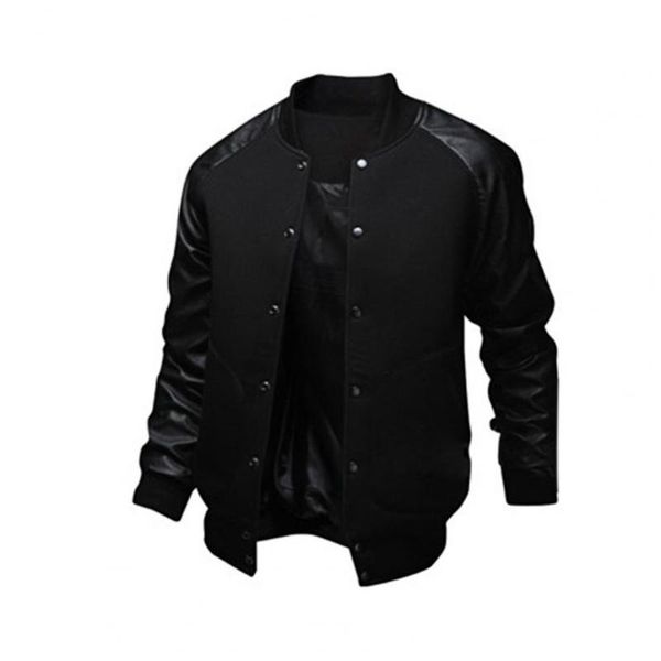 

men's jackets men coat stand collar contrast colors big pockets patchwork casual baseball jacket for daily wear, Black;brown
