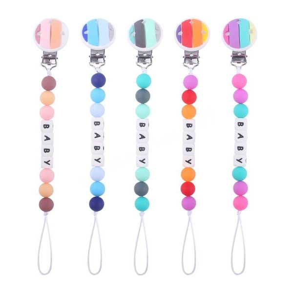 

newborn baby pacifier clip silicone teether nipple clips teething toy rainbow kids pacifier holder infant feeding silica gel anti-out chain