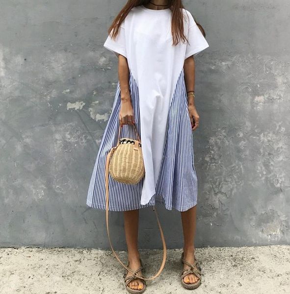 

party dresses 2021 summer cotton casual dress korean stitched striped loose short-sleeved patchwork a-line o-neck, White;black