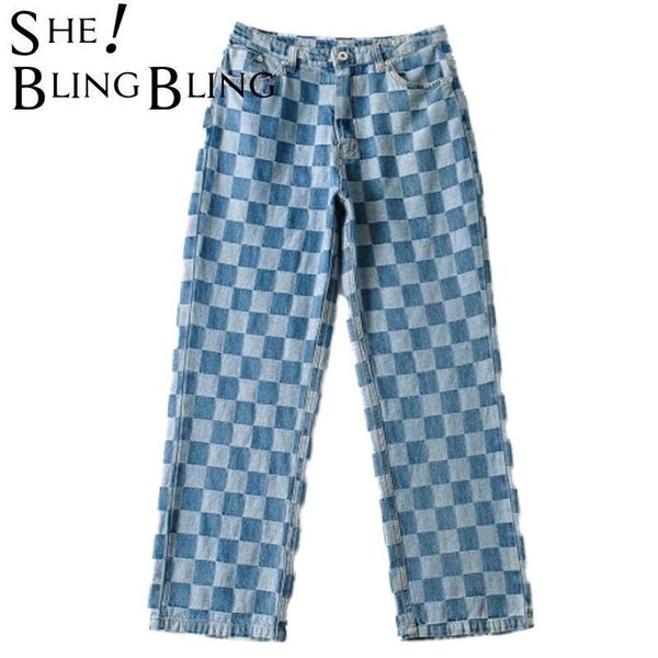

women's pants & capris sheblingbling za women plaid denim trousers vintage oversize joggers casual fashion straight female leg tra stri, Black;white