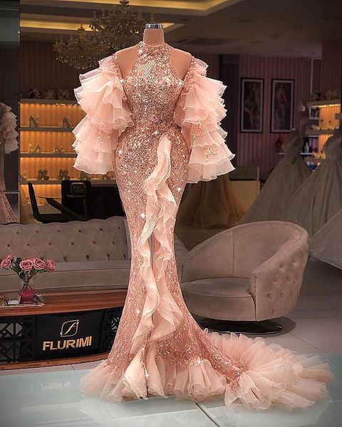 Rose Rosa Aso Ebi Meerjungfrau Abendkleider Arabisch High Neck Sparkly Spitze Perlen High Split Prom Formale Party Zweite Empfang kleider Kleid