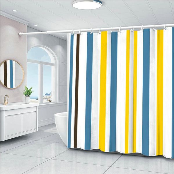 

yellow and blue stripe shower curtain set with 12 hooks bathroom decoration