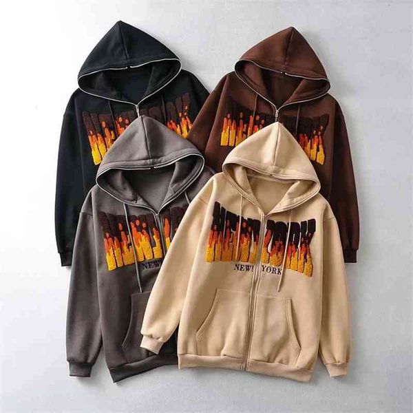 

american flame letter embroidered hoodie women's autumn and winter thickened loose lazy zip cardigan jacket, Black