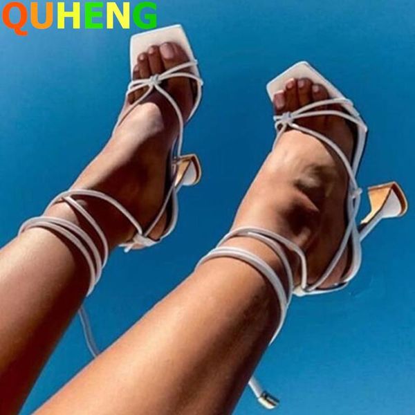 

sandals 2021 square head cross straps women heels fashion narrow band ankle-wrap ladies fine heel sandalias mujer, Black