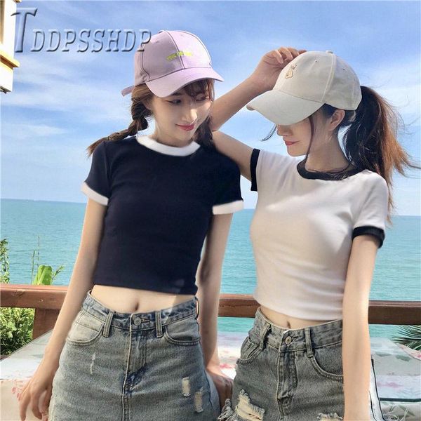 

women's t-shirt 2021 summer korean expose navel women t shirt slim female tee shirts, White