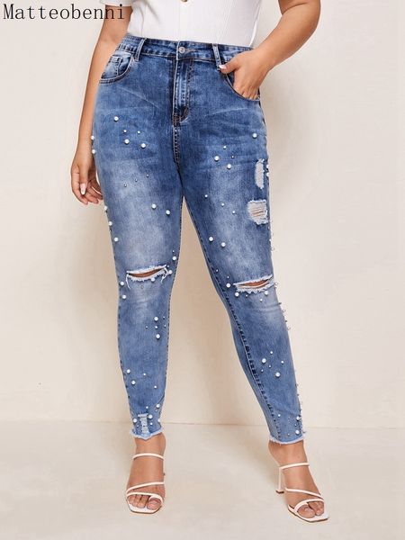 

2021 new high waist beaded ny women vintage denim ripped pencil pants casual trousers autumn mom jeans plus size 8vyj, Blue