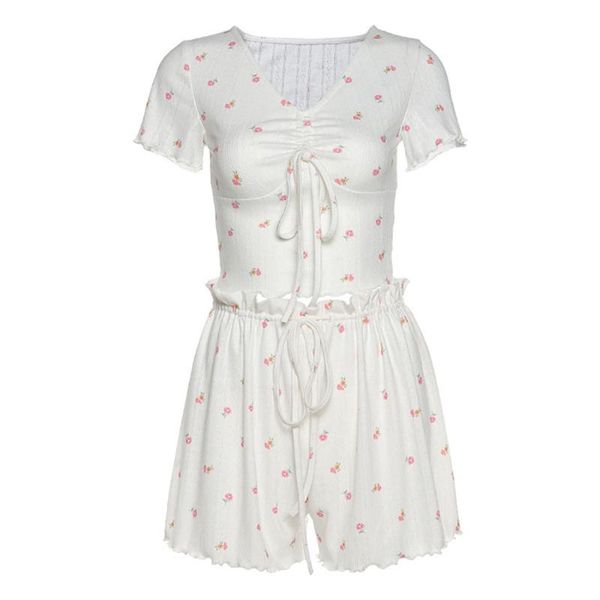 

women summer two piece set casual lace up floral print two piece set v neck t shirt and shorts, Gray