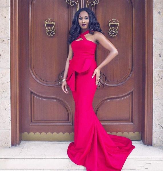 

aso ebi evening dresses mermaid long prom dress with peplum halter neck zipper back vestidos de fiesta, Black;red