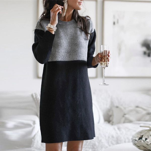 

new 2021 patchwork print loose plus size round neck long sleeve woman mini elegant simple for women ujod, Black;gray
