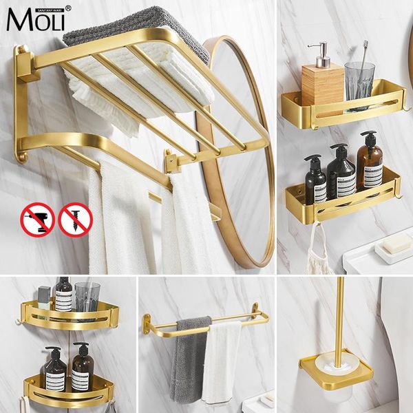

self-adhesive bathroom accessories set brushed gold towel rack paper holder towel bar corner shelf toilet brush holder hooks