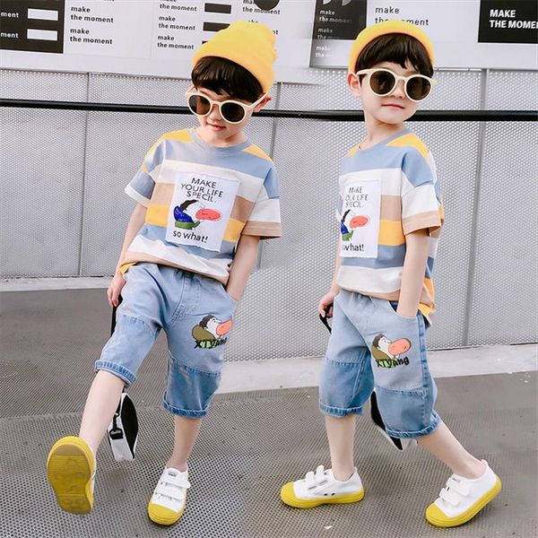 

2 pcs children summer clothes set boys t shirt jean shorts casual sports suits 6 8 10 years kids clothing, White