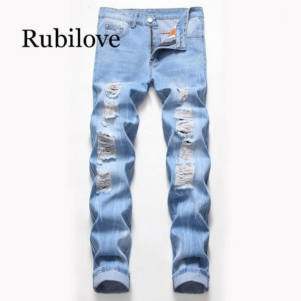 

men ripped jeans casual fashion patchwork hollow out beggar cropped pants cowboys denim hip hop streetwear men's, Blue