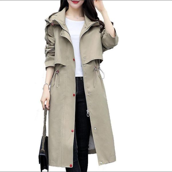 

women's trench coats boutique windbreaker medium long over the knee high-end korean waitmore autumn hooded jacket coat, Tan;black
