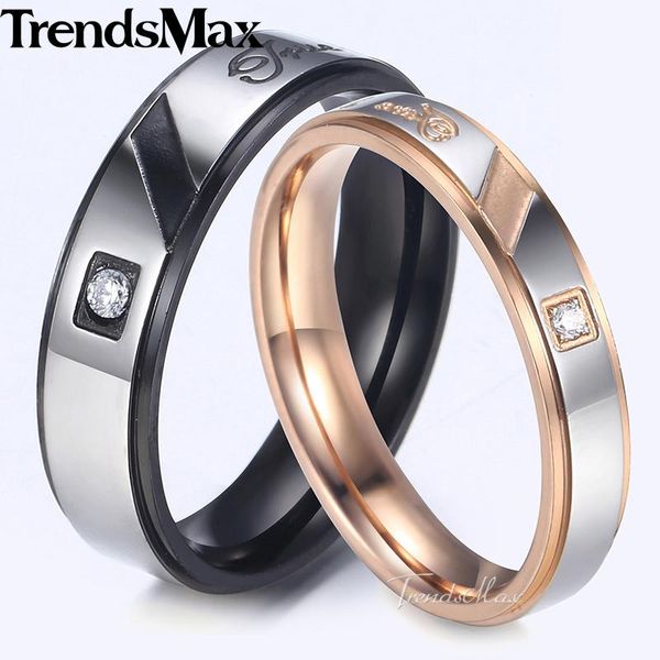 Rings de cluster TrendsMax Casais Rose Gold Black Tone Aço inoxidável Jóias de noivado CZ pavimentadas para mulheres KKRM37