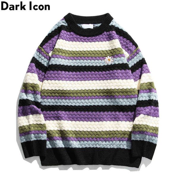 

striped floral embroidery men's sweater students boy girl sweaters preppy style couple sweater 210603, White;black