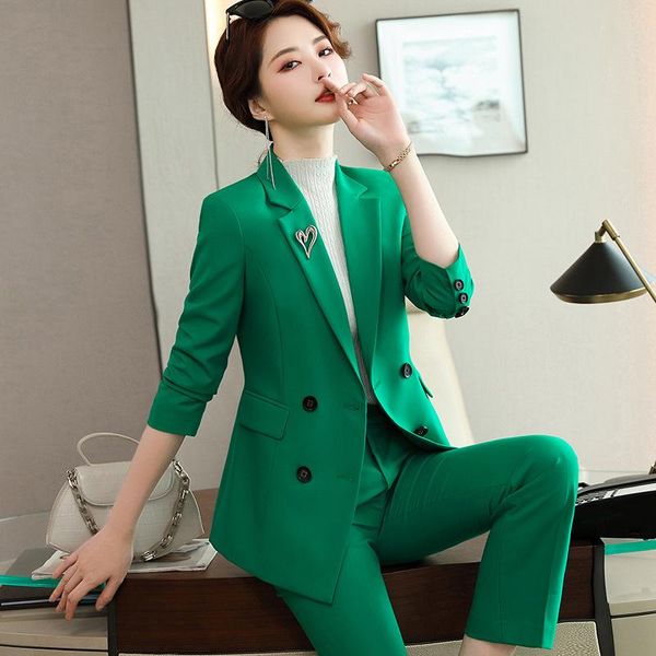 

women's two piece pants autumn winter suits formal set and blazer uniform business outfits work wear, White