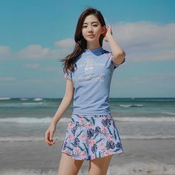 

m-xxl short sleeve swimwear women floral sports two piece swimsuits female stretch swimming clothes blue bathing suit beach wear