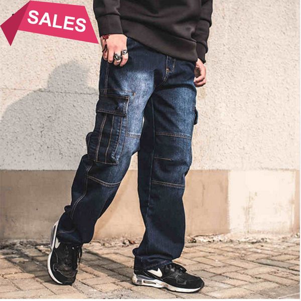 

idopy fashion men`s biker jeans heavy duty multi pockets japanese style loose fit plus size cargo denim pants for hipster, Blue