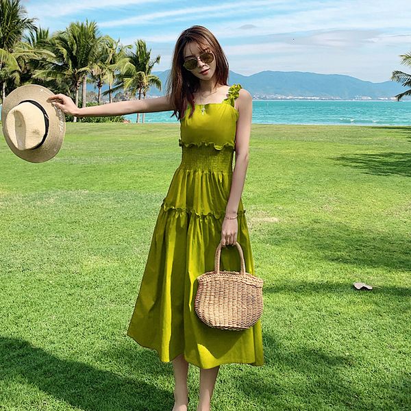 

dress2021 summer new seaside holiday avocado temperament green slimming waistband dressed in long fashion female faerie nq8i, Black;gray
