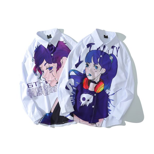 

2021 men's long sleeve white autumn japan anime zero two printed shirt fashion oversized men casual couple shirts g8r2, White;black
