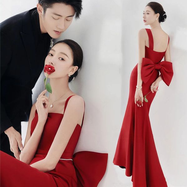 

studio theme clothing couple suspender po wedding red fishtail slim fit big bow fashion drs, Black;gray