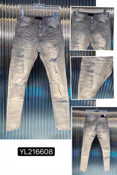 

men's jeans style high-quality hole do old patch embroidery stretch slim men, Blue