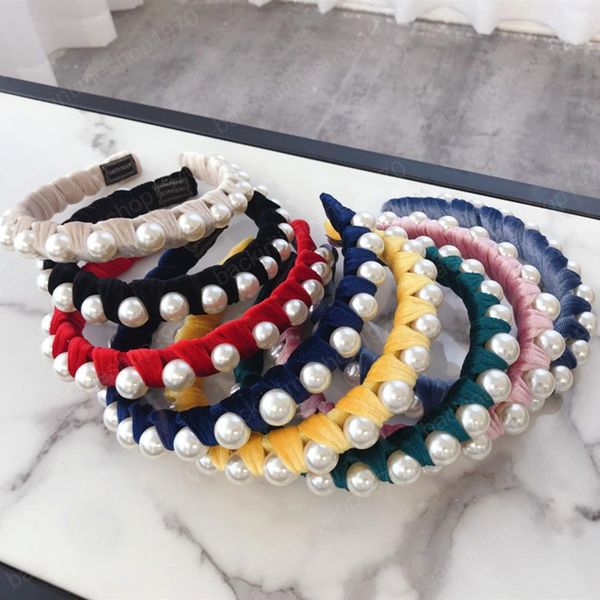

2021 fashion hair accessories womens pearls wrapped gold velvet wide-brimmed headband girl hair band headwear, Slivery;white