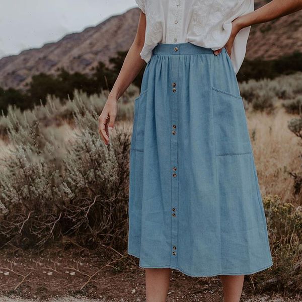 

long skirts womens button up a line skirts with pockets blue midi clothing spring summer 2021 fashion ladies light blue clothes, Black