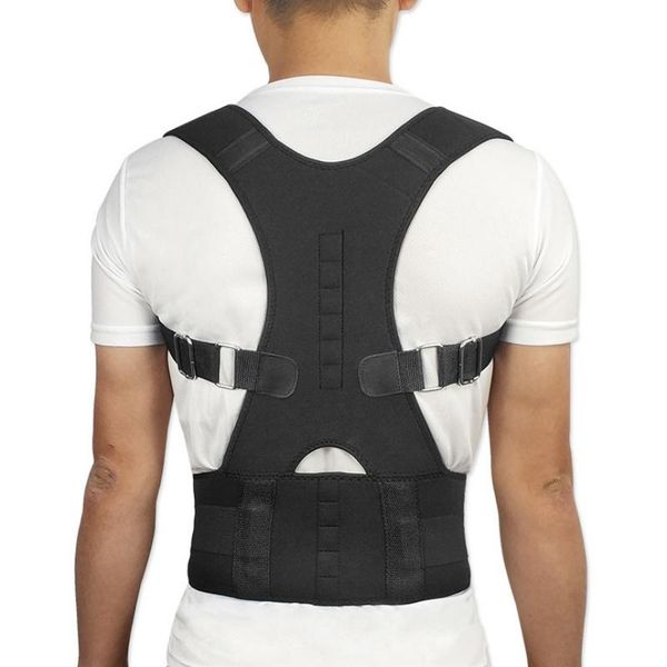 

back support adjustable sports magnetic posture corrector band belt brace shoulder lumbar strap pain relief, Black;blue