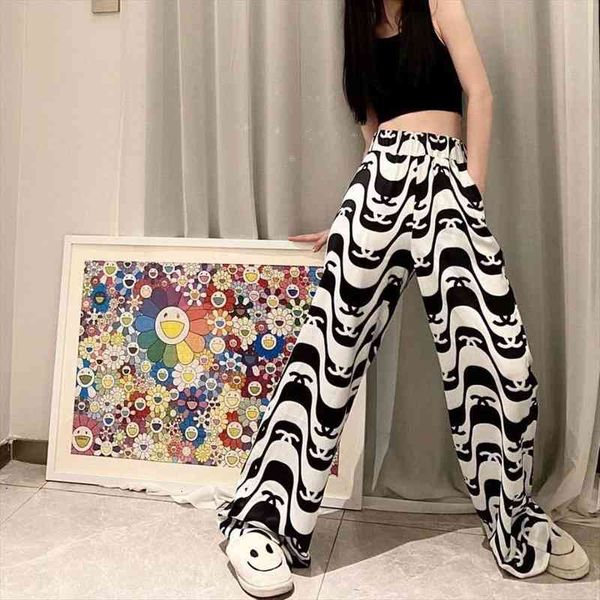 

korean style stripe print wide leg pant summer fashion trousers women high waist loose casual pants for women, Black;white