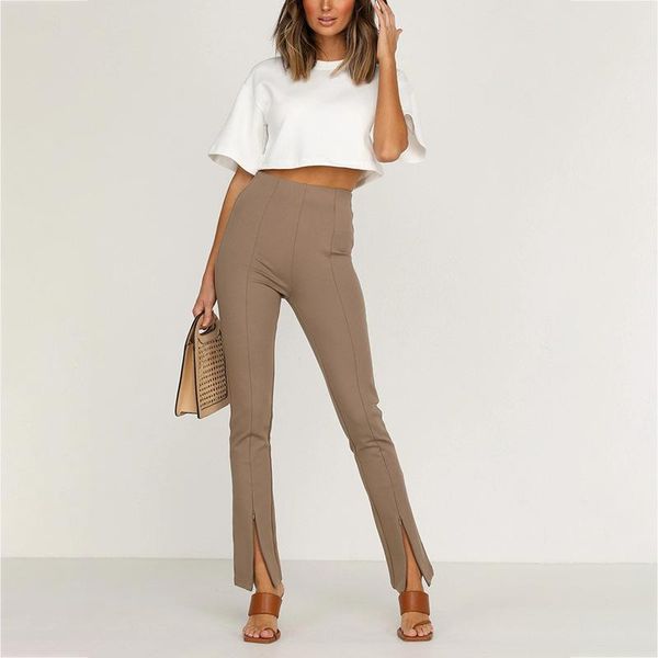 

women's pants & capris 2021 women fashion stretch pencil high waist chic split trousers solid casual long bottoms pantalones mujer, Black;white