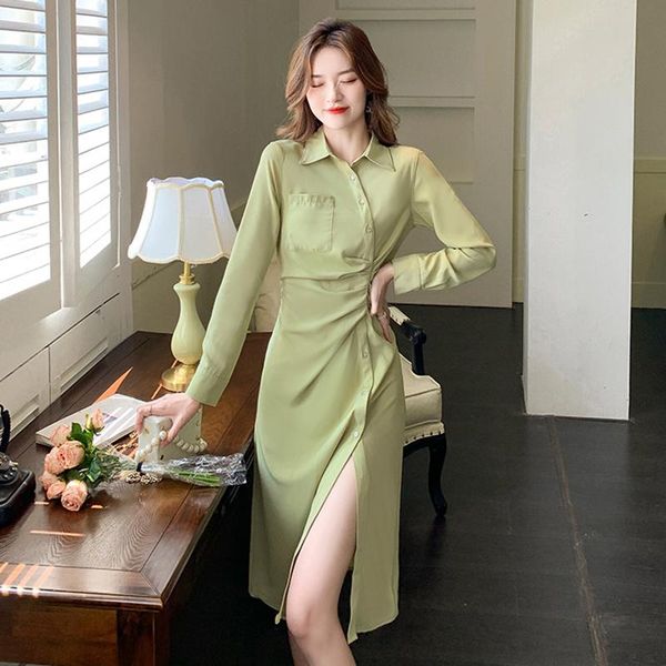 

casual dresses korean style vintage single breasted long sleeve midi party dress ladies streetwear female folds split shirt, Black;gray
