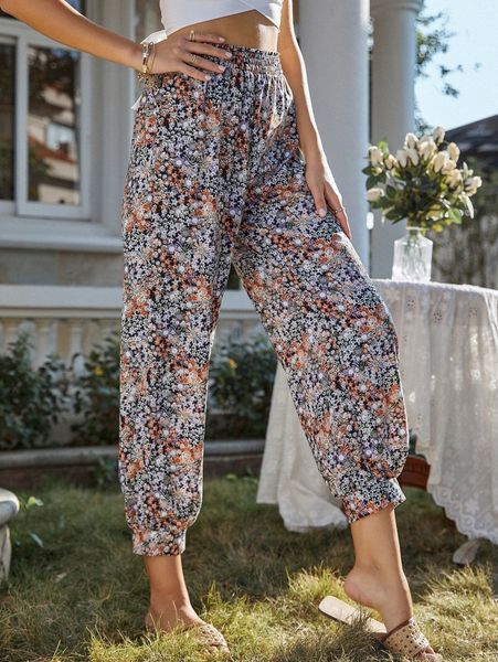 

allover floral print pants 51o3#, Black;white