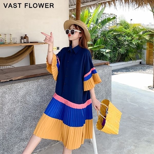 

pleated hit color summer shirt dress women korean style plus size short sleeve casual loose fashion elegant clothes dresses 210309, Black;gray