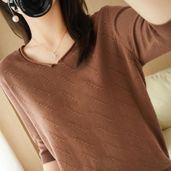 

women's t-shirt 2021 pure cotton bottoming shirt female spring autumn wild v-neck fashion loose 100% commuter knitting pullover sweater, White