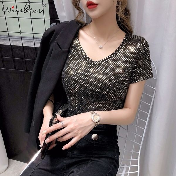 

fall summer european clothes t-shirt fashion shiny sequins women short sleeve bottoming shirt girl tees 2021 new t06405 210315, White