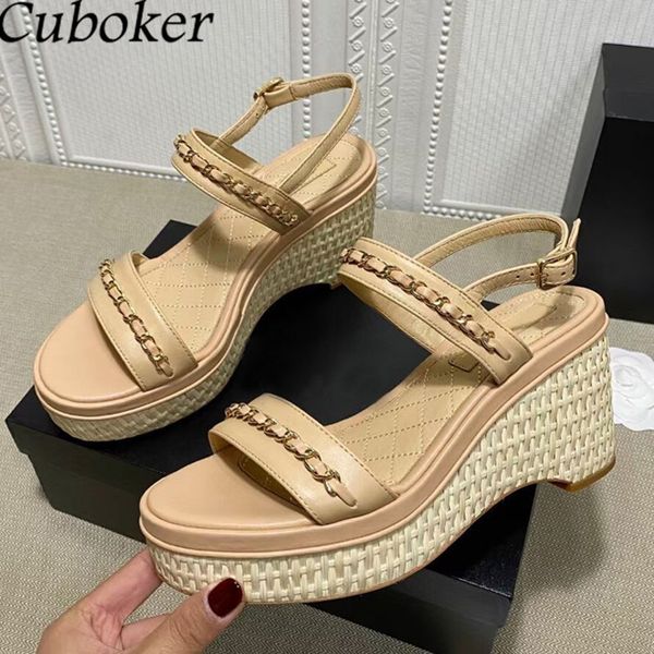 

high heels sandals women luxury brand runway chain buckle ladies wedges heel slides summer party dress gladiator sandalias 60% off store onl, Black