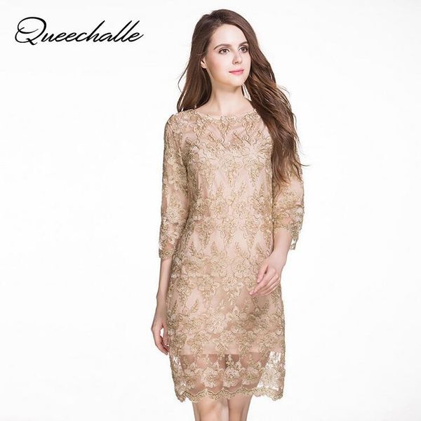 

casual dresses queechalle gold lace dress 2021 autumn women o neck embroidery 3/4 sleeve elegant xxl 3xl 4xl 5xl plus size vestidos, Black;gray