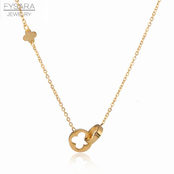 

necklaces pendants fysara classic brand love two circle double buckle roman numeral flower clover stainless steel gold clavicle, Silver