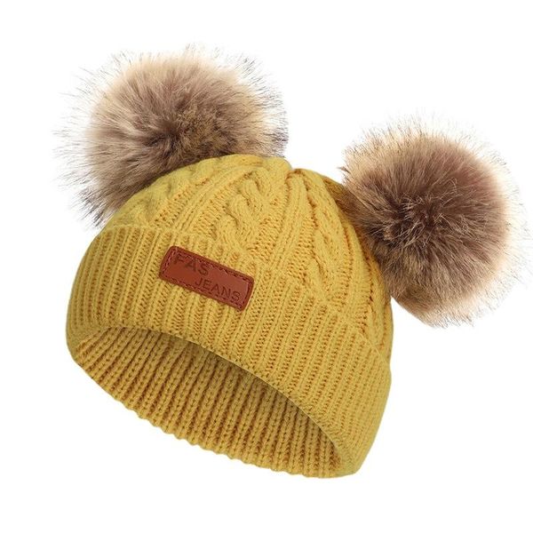 

caps & hats fashion children's winter cute fur ball cap crochet knit boys girls beanie soft cotton knitted hat baby warm child, Yellow
