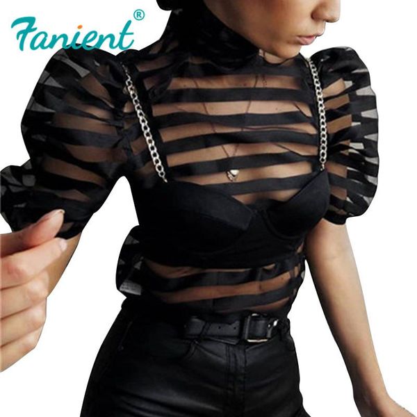 

women's blouses & shirts tunic blouse turtleneck bow mesh black crop vintage feminine see-through club perspective, White