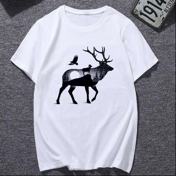 

new t shirt female aesthetics deer printed tshirt women loose spring summer tee shirt easy matching round neck t shirts, White