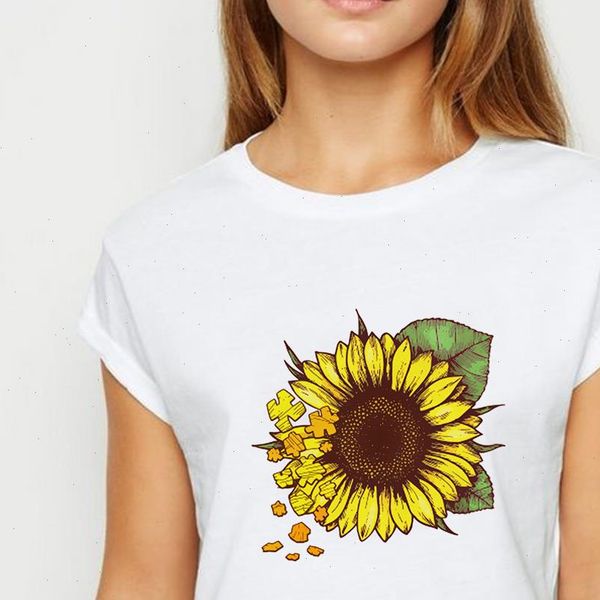 

loose sunflower tshirt harajuku aesthetic spring summer t shirt women personality sunlight design tee round neck t shirts, White