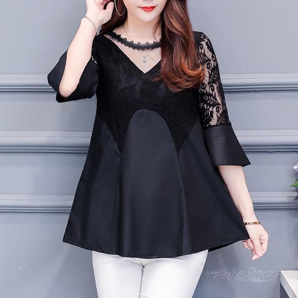 

autumn new loose plus size l-4xl women's blouse shirt three quarter sleeve mesh lace shirt fashion female clothing 831j, White