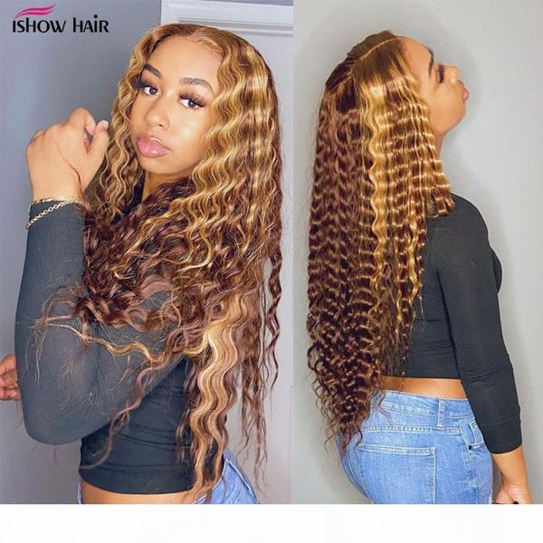 

ishow highlight deep curly lace front human hair wigs ombre deep wave lace front wig hd transparent highlight wigs honey blonde, Black;brown
